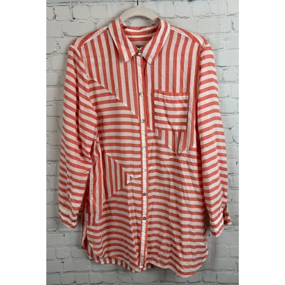 CHICO'S white coral striped lyocell button down shirt blouse tunic 2 12/14
